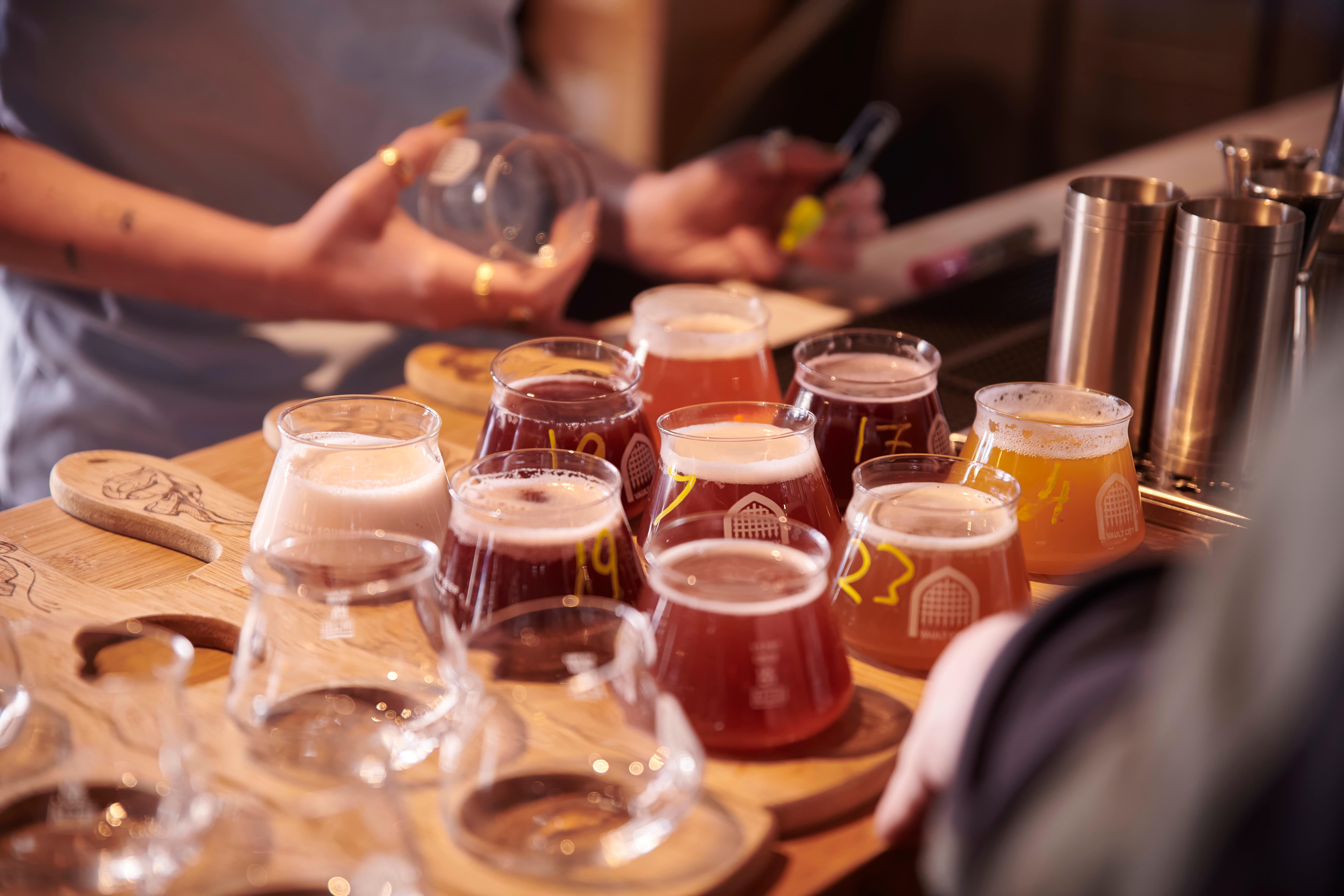 Selection of beer in taster glasses
