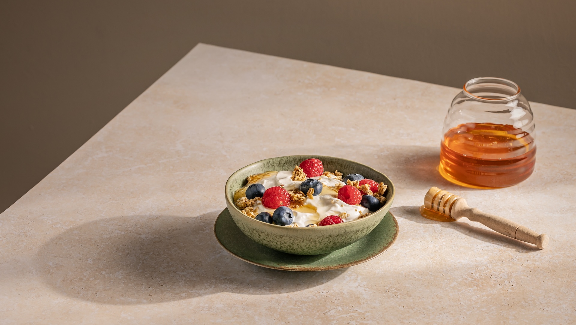 granola berry bowl and honey